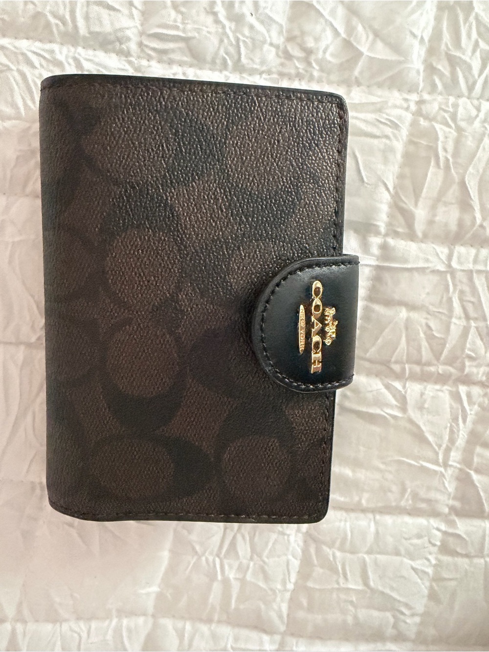 Coach Dark Brown/Black Signature Compact Wallet with Gold Accent